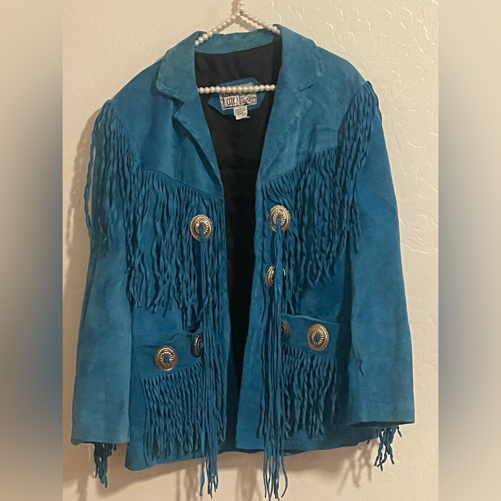 Vintage Leather City Blue Western Fringe Suede Jacket Blue Size L